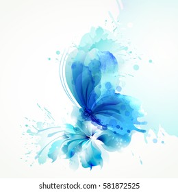 Beautiful watercolor abstract translucent butterfly on the blue flower on the white background, vector illustration.