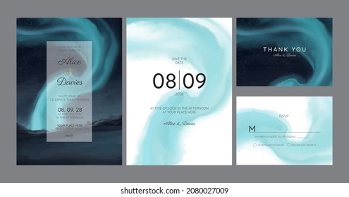 beautiful watercolor aurora borealis northern lights wedding invitation card template