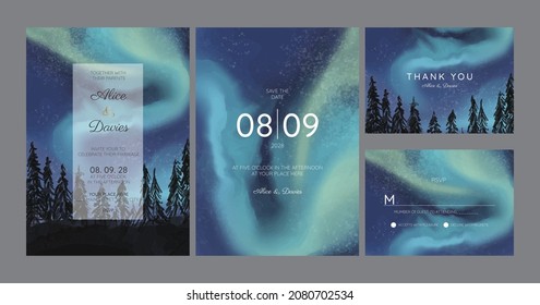 beautiful watercolor aurora borealis northern lights wedding invitation card template