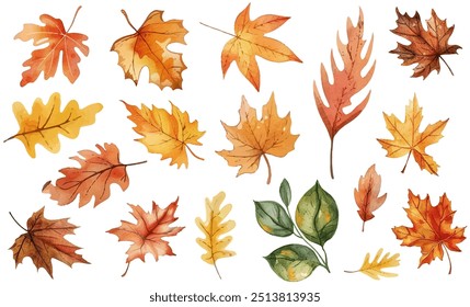 Schöne Aquarell Herbst Blätter Sammlung mit lebendigen Tönen von Orange, Rot und Gelb. Perfekt für saisonale Designs, Einladungen, künstlerische Projekte, die die Schönheit des Herbstes feiern. Trockene Blätter