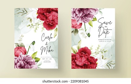 beautiful watercolor blooming peony flower invitation card template