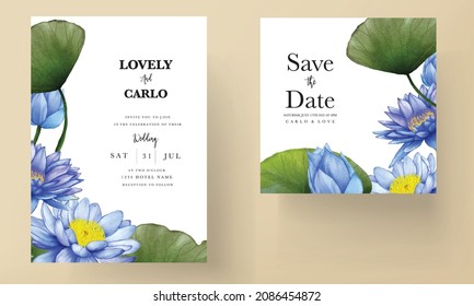 Beautiful watercolor blue lotus flower invitation card