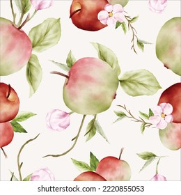 beautiful watercolor botanical apple and pink floral seamless pattern