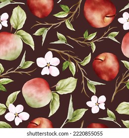 beautiful watercolor botanical apple and pink floral seamless pattern