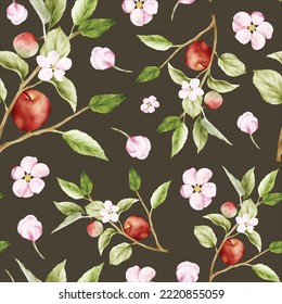 beautiful watercolor botanical apple and pink floral seamless pattern