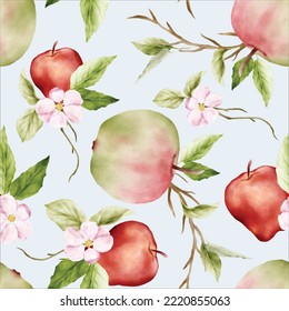 beautiful watercolor botanical apple and pink floral seamless pattern
