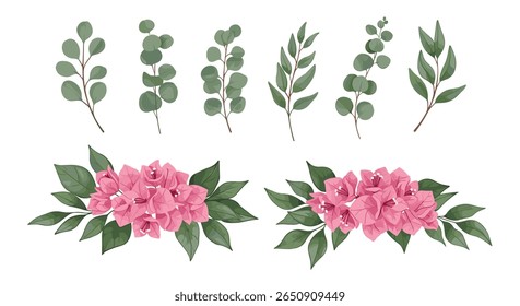 Bonitos arranjos botânicos de aquarela com flores cor-de-rosa e ramos de eucalipto verde e folhas para elegantes desenhos florais