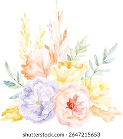 A beautiful watercolor bouquet featuring soft pastel-colored flowers and wispy pampas grass elements, presented isolated on a transparent background for versatile design use.