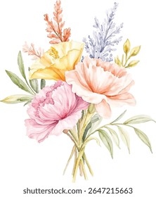 A beautiful watercolor bouquet featuring soft pink, peach, and yellow flowers with delicate greenery and subtle lavender accents, all isolated on a transparent background.