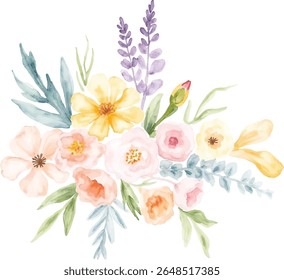 A beautiful watercolor bouquet featuring soft pink, peach, yellow, and lavender flowers with muted green and blue leaves, isolated on a transparent background.