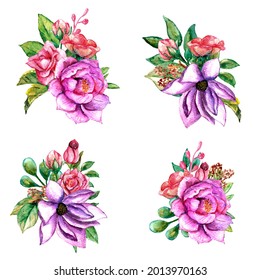 Beautiful watercolor bouquet of flowers with green leaves