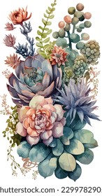 Beautiful watercolor bouquet with succulent flower foliage