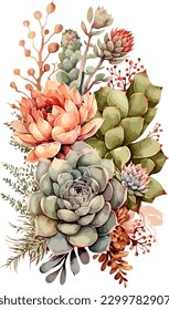 Beautiful watercolor bouquet with succulent flower foliage