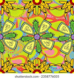 Beautiful watercolor Bouquet of summer flowers seamless pattern. Nice fabric pattern. Paisley. Yellow. Green. Petals.