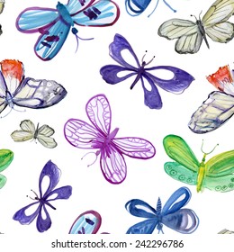 Beautiful watercolor butterflies pattern. Vector.
