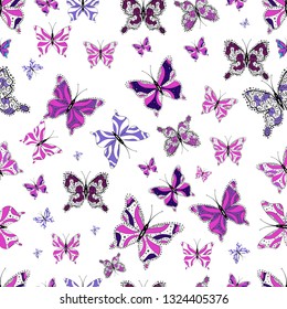 Beautiful watercolor butterflies. Pink, white and violet butterfly illustration. Fantasy cute illustration. Abstract seamless pattern for clothes, boys, girls, wallpaper. Vector illustration.