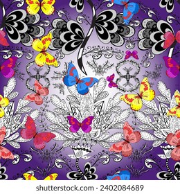 Beautiful watercolor butterflies. Violet, gray and white butterfly illustration. Fantasy cute illustration. Abstract seamless pattern for clothes, boys, girls, wallpaper. Vector illustration.