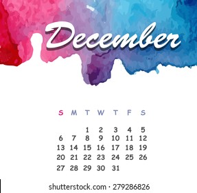 Beautiful watercolor calendar. December. Vector illustration