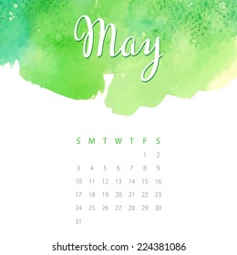 Beautiful watercolor calendar. May. Vector illustration