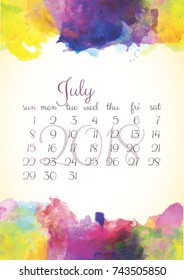 Beautiful Watercolor Calendar Template for the 2018  year. Original conceptual design with colorful splashes. Poster artwork. July. Summer. 