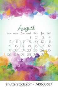 Beautiful Watercolor Calendar Template for the 2018 year. Original conceptual design with colorful splashes. Poster artwork. August. Summer. 