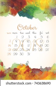 Beautiful Watercolor Calendar Template for the 2018 year. Original conceptual design with colorful splashes. Poster artwork. October. Autumn. 