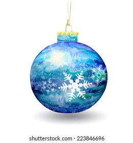 Beautiful watercolor Christmas ball with snowflakes. Vector