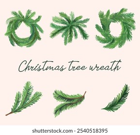 Beautiful watercolor Christmas tree wreath featuring circular branches, perfect for festive decorations, holiday cards, and seasonal artwork, bringing joy to your celebrations.