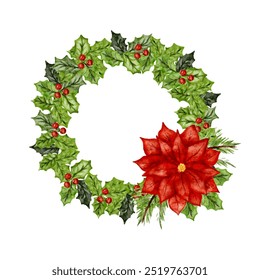 Beautiful watercolor Christmas wreath adorned with holly and a bright red poinsettia flower