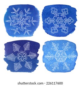 Beautiful watercolor design elements with hand-drawn snowflakes / Vector illustration