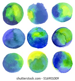 Beautiful watercolor design elements, vector illustration. Green, blue, yellow colors