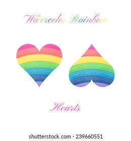 Beautiful watercolor design elements.Vector hearts.Colors of the rainbow.