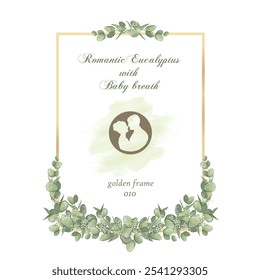 beautiful watercolor drawing flowers arrangements with eucalyptus and baby breath with golden frame 