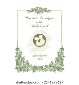 beautiful watercolor drawing flowers arrangements with eucalyptus and baby breath with golden frame 