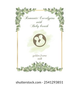 beautiful watercolor drawing flowers arrangements with eucalyptus and baby breath with golden frame 