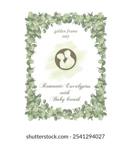 beautiful watercolor drawing flowers arrangements with eucalyptus and baby breath with golden frame 