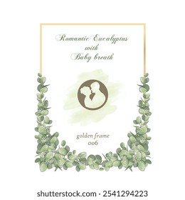 beautiful watercolor drawing flowers arrangements with eucalyptus and baby breath with golden frame 