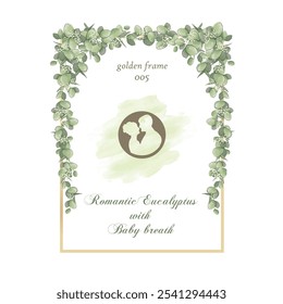 beautiful watercolor drawing flowers arrangements with eucalyptus and baby breath with golden frame 