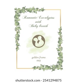 beautiful watercolor drawing flowers arrangements with eucalyptus and baby breath with golden frame 