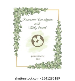 beautiful watercolor drawing flowers arrangements with eucalyptus and baby breath with golden frame 