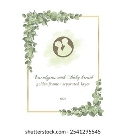 beautiful watercolor drawing flowers arrangements with eucalyptus and baby breath with golden frame 