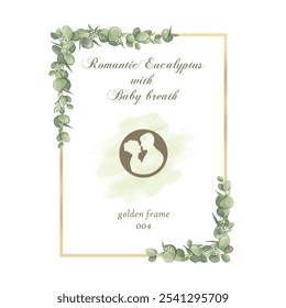 beautiful watercolor drawing flowers arrangements with eucalyptus and baby breath with golden frame 