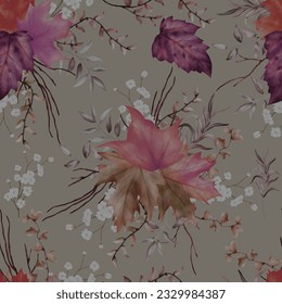 beautiful watercolor dried leaves floral seamless pattern