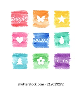 Beautiful watercolor elements for design. Color squares. Watercolor icons. Vector illustration