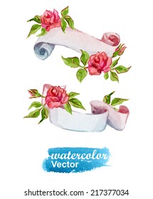 Beautiful watercolor elements for design. Vector illustration. Watercolor set design elements, background, label, bubble, ribbon. Ribbons with red roses isolated on a white background. 