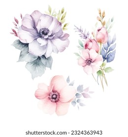 Beautiful Watercolor Fairy Flowers on White Background - Clipart Collection