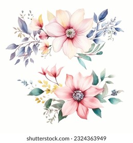 Hermosa acuarela Flores de hadas en fondo blanco - Colección de clipart