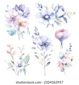 Hermosa acuarela Flores de hadas en fondo blanco - Colección de clipart