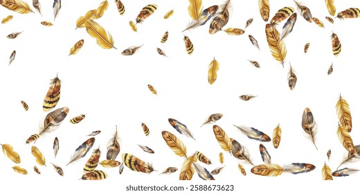 Beautiful watercolor feathers in various shades of yellov , gold and orange scattered on a white background. Perfect for naturethemed designs, boho decor, and artistic projects.