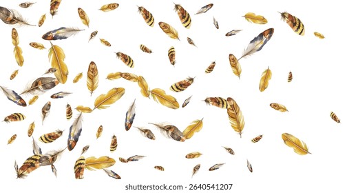 Beautiful watercolor feathers in various shades of yellov , gold and orange scattered on a white background. Perfect for naturethemed designs, boho decor, and artistic projects.